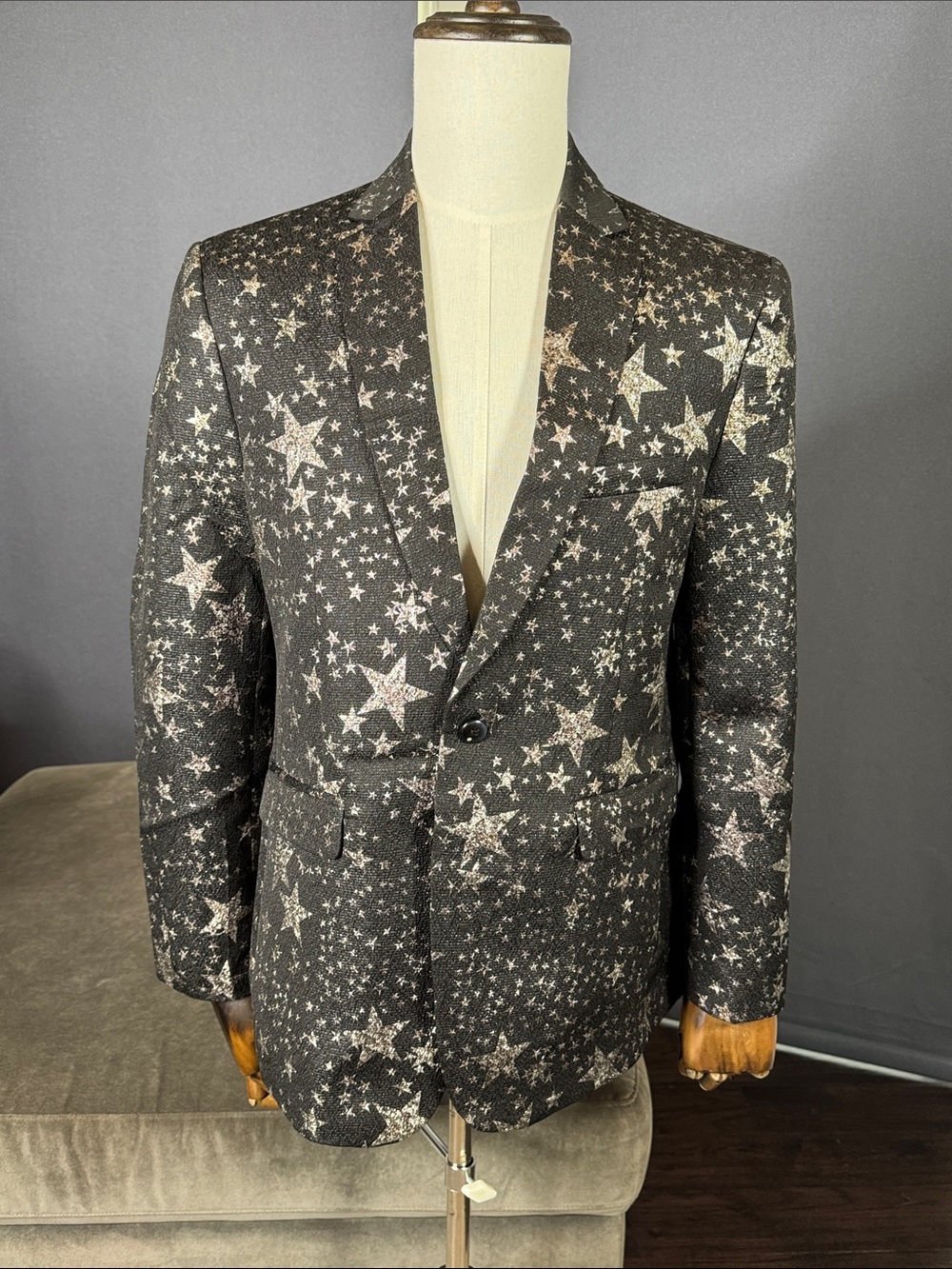 Men's Black Star-Print Blazer Sports Coat One Button Size 40 NWT